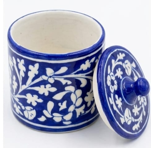 Handcrafted Jaipur Blue Pottery Ceramic Storage Jar with Lid